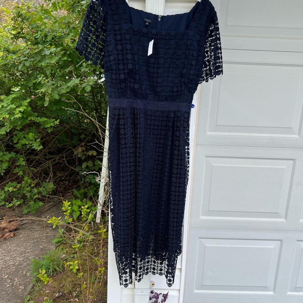 NWT Talbots Gorgeous Navy Floral Lace Lined Square Neck MIDI Dress